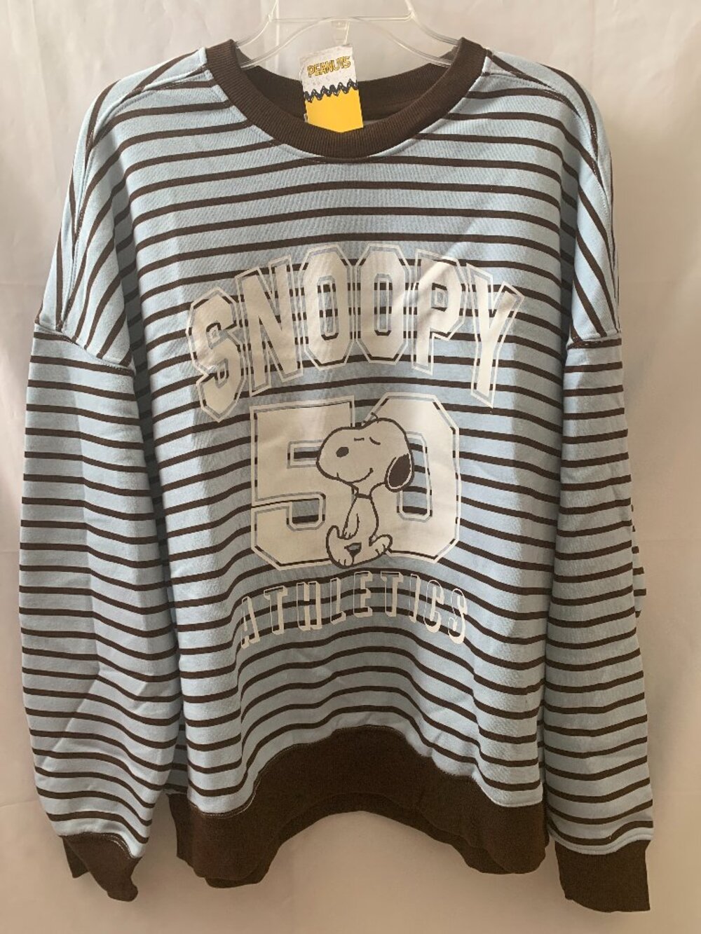 PEANUTS Snoopy Athletics Striped Crew Neck Sweater in Blue/Brown Sz LARGE
